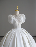 Timeless Ball Gown Scoop Neckline Short Sleeves Long Satin White Sweep Train Wedding Dresses Brides Dress HZ1214