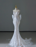 Dreamy Mermaid Off The Shoulder Sequin Long White Wedding Dresses Summer Brides Dress HZ1214