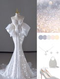 Dreamy Mermaid Off The Shoulder Sequin Long White Wedding Dresses Summer Brides Dress HZ1214