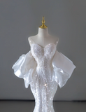 Dreamy Mermaid Off The Shoulder Sequin Long White Wedding Dresses Summer Brides Dress HZ1214