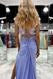 Classy Lilac Floral Appliques Square Neck Mermaid Prom Dresses with Slit Graduation Dresses HZ1214
