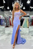 Classy Lilac Floral Appliques Square Neck Mermaid Prom Dresses with Slit Graduation Dresses HZ1214