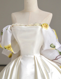 Dreamy Ball Gown Off The Shoulder Satin Long Floral Wedding Dresses Summer Brides Dress HZ1214