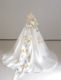 Dreamy Ball Gown Off The Shoulder Satin Long Floral Wedding Dresses Summer Brides Dress HZ1214