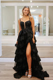 Classy Black Sweetheart Tiered Sequin Lace Long Prom Dresses Graduation Dresses HZ1214
