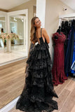 Classy Black Sweetheart Tiered Sequin Lace Long Prom Dresses Graduation Dresses HZ1214