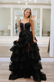 Classy Black Sweetheart Tiered Sequin Lace Long Prom Dresses Graduation Dresses HZ1214