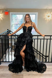 Classy Black Sweetheart Tiered Sequin Lace Long Prom Dresses Graduation Dresses HZ1214