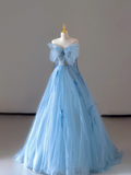 Pretty Ball Gown Strapless Blue Tulle l Sleeveless Long Prom Dresses Evening Dresses HZ1214
