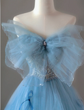Pretty Ball Gown Strapless Blue Tulle l Sleeveless Long Prom Dresses Evening Dresses HZ1214