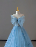 Pretty Ball Gown Strapless Blue Tulle l Sleeveless Long Prom Dresses Evening Dresses HZ1214