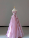 Pretty Ball Gown Strapless Pink Tulle l Sleeveless Long Prom Dresses Evening Dresses HZ1214