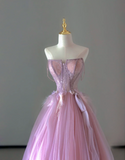 Pretty Ball Gown Strapless Pink Tulle l Sleeveless Long Prom Dresses Evening Dresses HZ1214