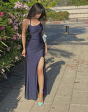 Simple Navy Blue Mermaid Prom Dress Long Satin Evening Gown Graduation Dresses HZ1214