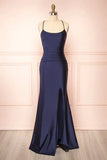Simple Navy Blue Mermaid Prom Dress Long Satin Evening Gown Graduation Dresses HZ1214