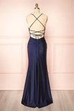 Simple Navy Blue Mermaid Prom Dress Long Satin Evening Gown Graduation Dresses HZ1214