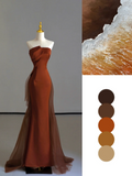 Gorgeous Mermaid Strapless Satin Sleeveless Long Prom Dresses Graduation Dresses HZ1214