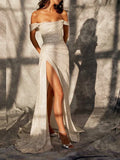 Simple Mermaid Off the Shoulder Silver Sequins Long Prom Dress with Split Front Formal Dresses HZ1214