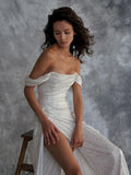 Simple Mermaid Off the Shoulder Silver Sequins Long Prom Dress with Split Front Formal Dresses HZ1214
