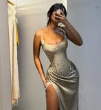 Elegant Strapless Mermaid High Split Prom Dress Long With Sequins Beads Formal Dresses HZ1214