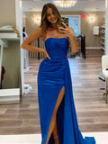 Pretty Mermaid Strapless Satin Long Prom Dresses With Split Prom Dress Graduation Dress HZ1214