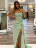 Pretty Mermaid Strapless Satin Long Prom Dresses With Split Prom Dress Graduation Dress HZ1214
