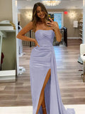 Pretty Mermaid Strapless Satin Long Prom Dresses With Split Prom Dress Graduation Dress HZ1214
