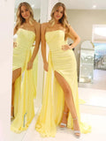 Pretty Mermaid Strapless Satin Long Prom Dresses With Split Prom Dress Graduation Dress HZ1214
