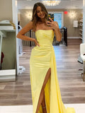 Pretty Mermaid Strapless Satin Long Prom Dresses With Split Prom Dress Graduation Dress HZ1214