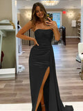 Pretty Mermaid Strapless Satin Long Prom Dresses With Split Prom Dress Graduation Dress HZ1214