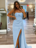 Pretty Mermaid Strapless Satin Long Prom Dresses With Split Prom Dress Graduation Dress HZ1214