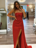 Pretty Mermaid Strapless Satin Long Prom Dresses With Split Prom Dress Graduation Dress HZ1214