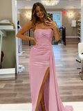 Pretty Mermaid Strapless Satin Long Prom Dresses With Split Prom Dress Graduation Dress HZ1214