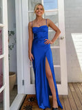 Simple Sheath Spaghetti Straps Prom Dresses Long Party Dress with Split Front HZ1214