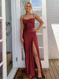 Simple Sheath Spaghetti Straps Prom Dresses Long Party Dress with Split Front HZ1214