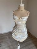 Classy Sheath Straps Short Homecoming Dress Cocktail Dress Satin White Birthday Dresses HZ1214