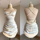 Classy Sheath Straps Short Homecoming Dress Cocktail Dress Satin White Birthday Dresses HZ1214