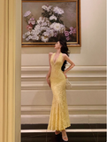 Elegant Mermaid V neckline Sleeveless Yellow Lace 21st Birthday Dress Party Gown Birthday Outfits Birthday Dress Ideas For Women HZ1214