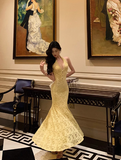 Elegant Mermaid V neckline Sleeveless Yellow Lace 21st Birthday Dress Party Gown Birthday Outfits Birthday Dress Ideas For Women HZ1214