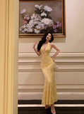 Elegant Mermaid V neckline Sleeveless Yellow Lace 21st Birthday Dress Party Gown Birthday Outfits Birthday Dress Ideas For Women HZ1214