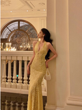 Elegant Mermaid V neckline Sleeveless Yellow Lace 21st Birthday Dress Party Gown Birthday Outfits Birthday Dress Ideas For Women HZ1214