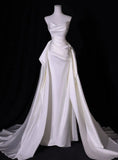 Dreamy Simple White Mermaid Satin Strapless Pleats Wedding Dress Summer Brides Dress HZ1214