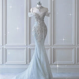 Dreamy Mermaid Wedding Dress Elegant Silver Off-Shoulder Evening Gown Summer Brides Dress HZ1214