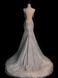 Chic White Mermaid Sequins Long Pleats Backless Wedding Dress Bridal Gowns HZ1214
