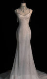Chic White Mermaid Sequins Long Pleats Backless Wedding Dress Bridal Gowns HZ1214