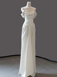 Simple Ivory Satin Off the Shoulder Pleats Wedding Dresses Summer Wedding Dress HZ1214