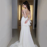 Simple White Mermaid Straps Pearls Wedding Dress Summer Wedding Dress HZ1214