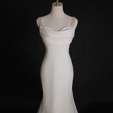 Simple White Mermaid Straps Pearls Wedding Dress Summer Wedding Dress HZ1214