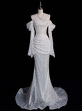 Chic White Mermaid Sequins Long Sleeve Pleats Wedding Dress Bridal Gowns HZ1214