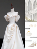 Classy Elegant A Line Off The Shoulder Flowers Satin Long Wedding Dress Brides Dress HZ1214